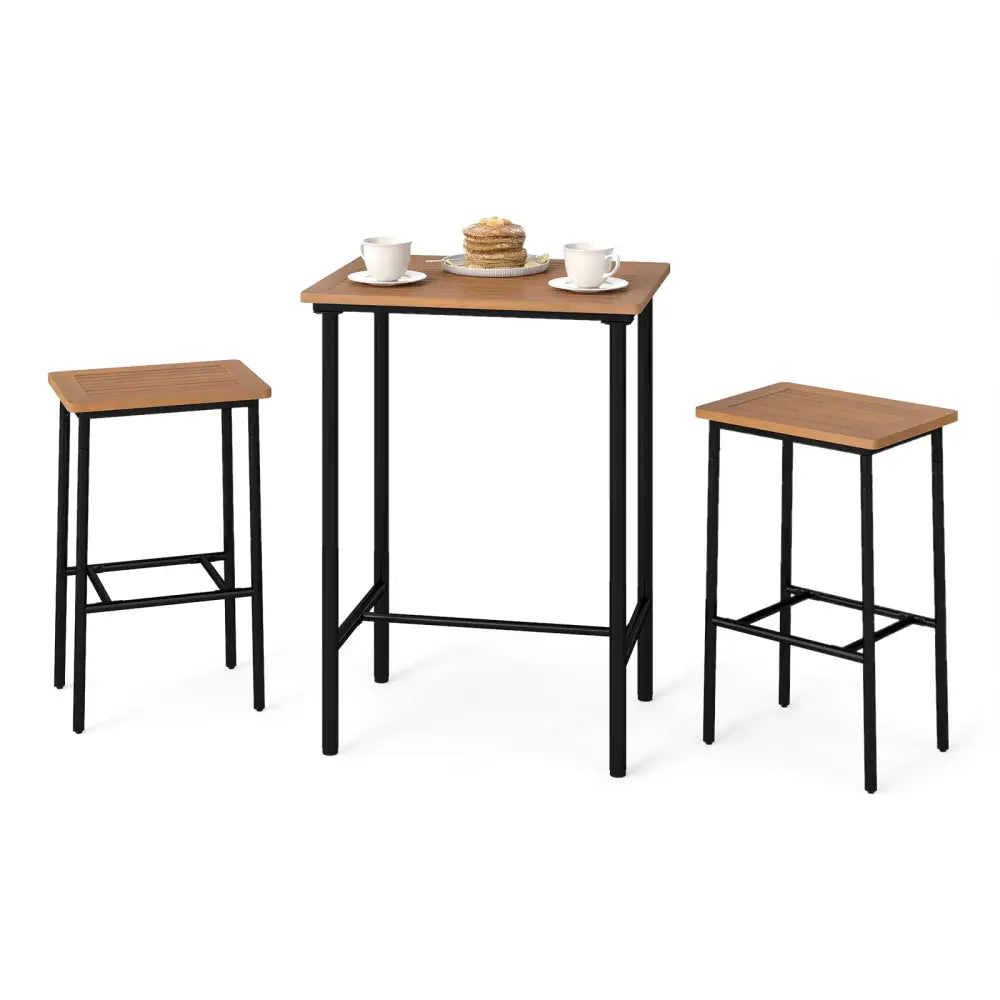 3 Pieces Acacia Wood Patio Bar Set Rectangular Table with Metal Frame - Natural & Black - Patio Bar Furniture