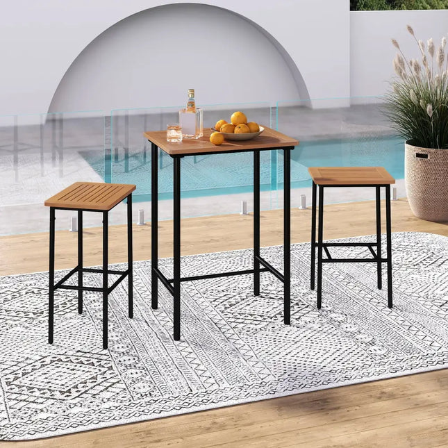 3 Pieces Acacia Wood Patio Bar Set Rectangular Table with Metal Frame - Natural & Black - Patio Bar Furniture