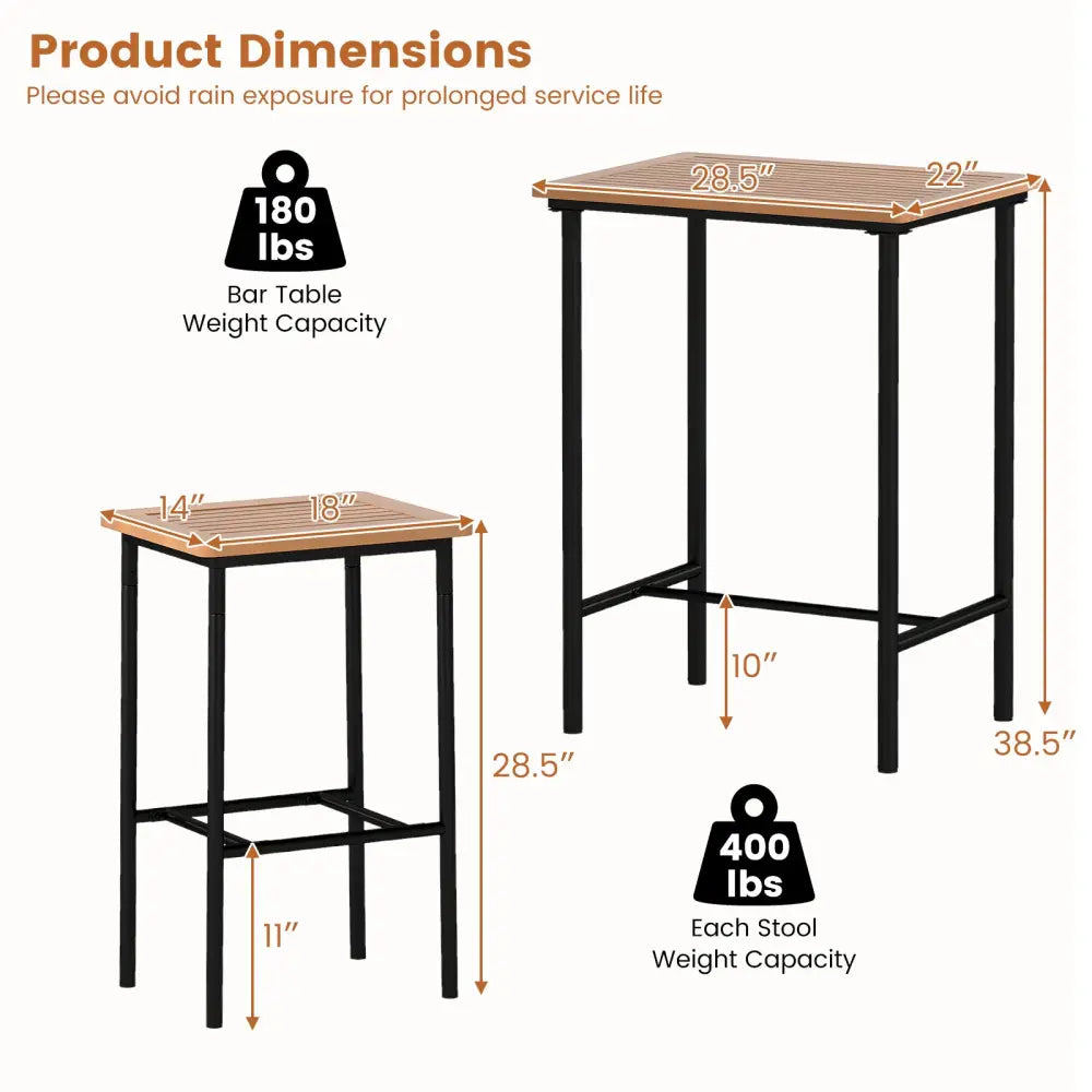 3 Pieces Acacia Wood Patio Bar Set Rectangular Table with Metal Frame - Natural & Black - Patio Bar Furniture