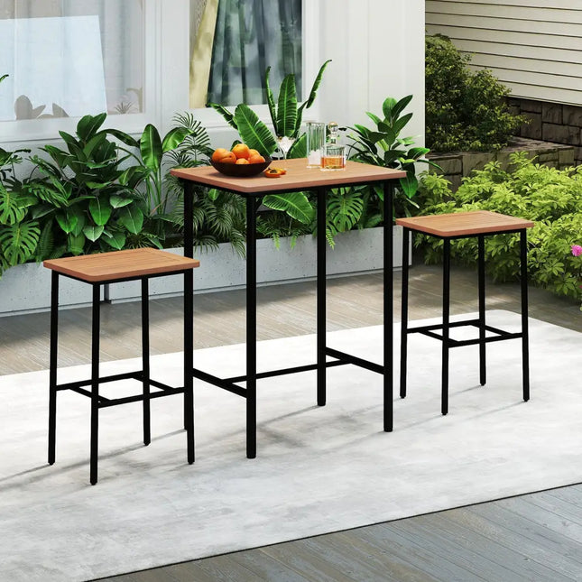 3 Pieces Acacia Wood Patio Bar Set Rectangular Table with Metal Frame - Natural & Black - Patio Bar Furniture