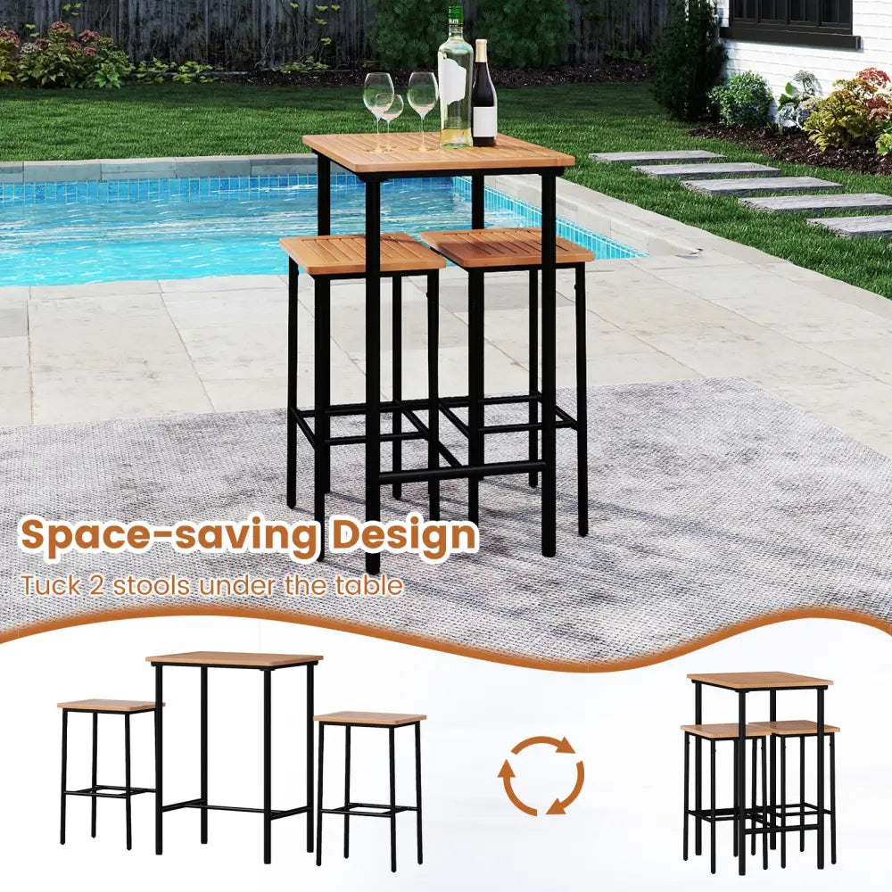 3 Pieces Acacia Wood Patio Bar Set Rectangular Table with Metal Frame - Natural & Black - Patio Bar Furniture