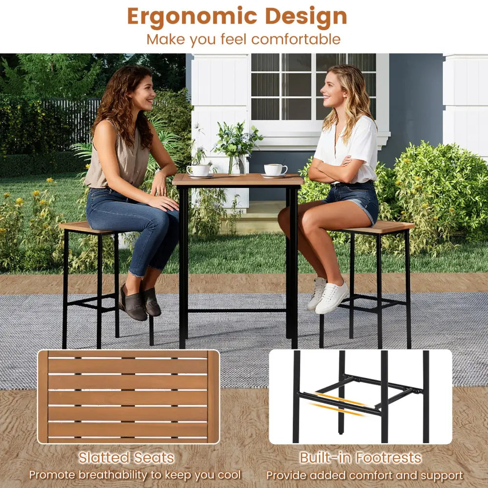 3 Pieces Acacia Wood Patio Bar Set Rectangular Table with Metal Frame - Natural & Black - Patio Bar Furniture