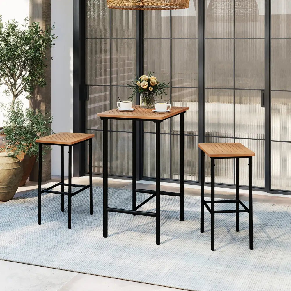 3 Pieces Acacia Wood Patio Bar Set Rectangular Table with Metal Frame - Natural & Black - Patio Bar Furniture