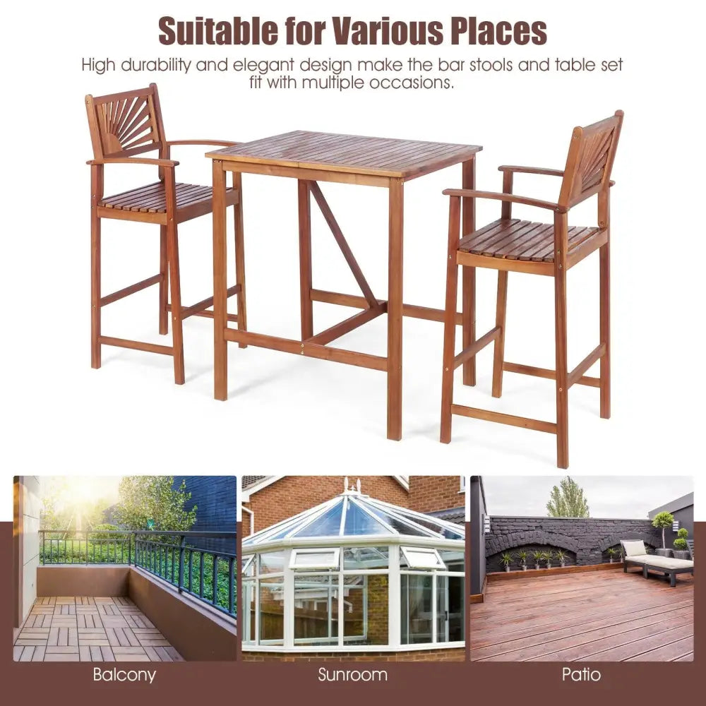 3 Pieces Acacia Wood Patio Bar Set with Sunflower Patterned Backrest - Natural - Patio Bar Furniture