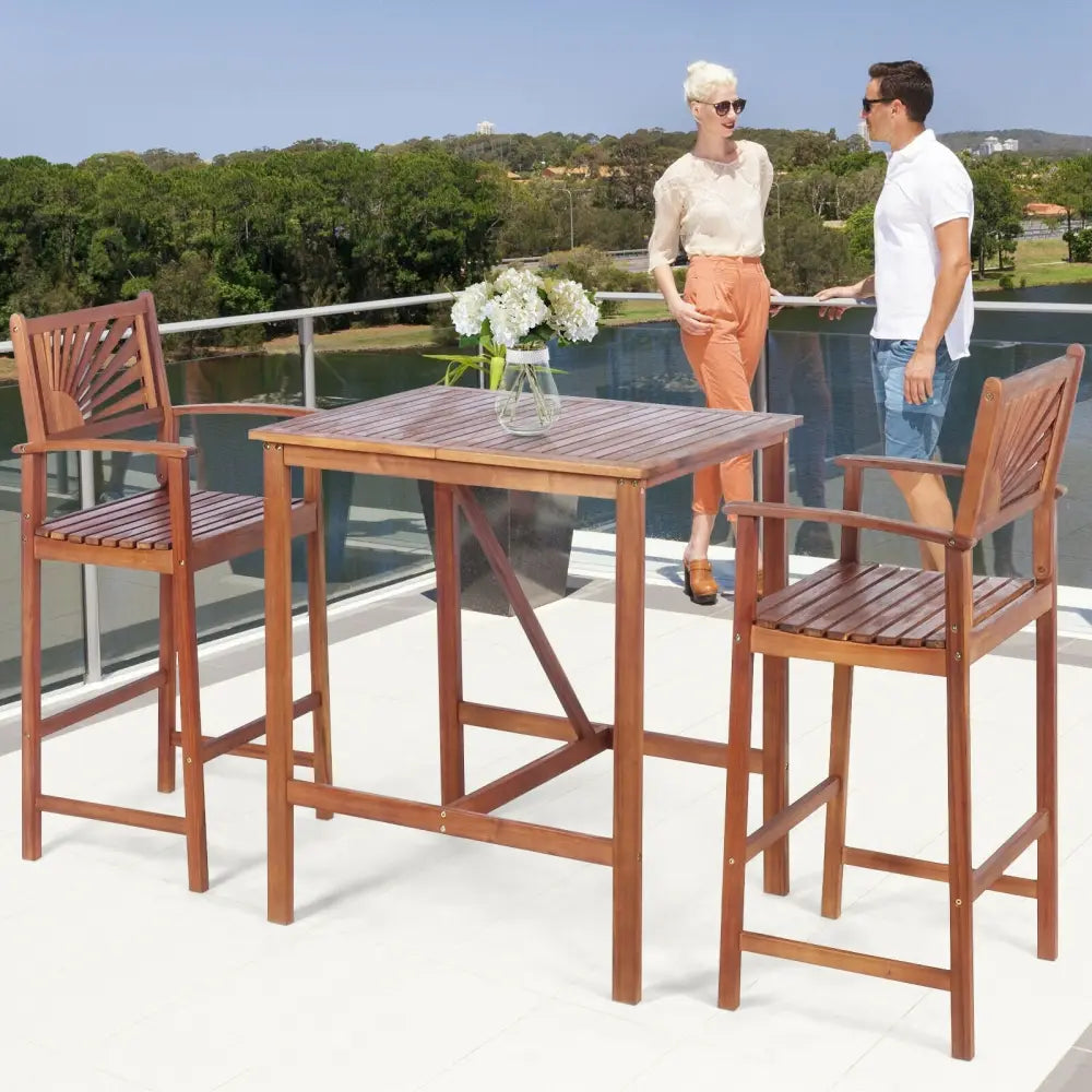 3 Pieces Acacia Wood Patio Bar Set with Sunflower Patterned Backrest - Natural - Patio Bar Furniture