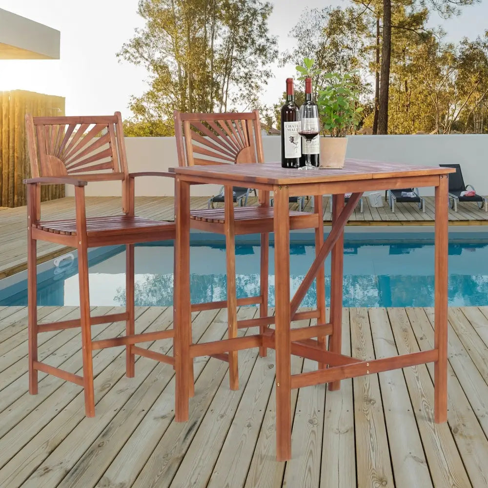 3 Pieces Acacia Wood Patio Bar Set with Sunflower Patterned Backrest - Natural - Patio Bar Furniture