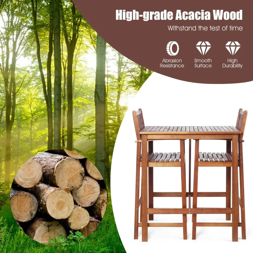 3 Pieces Acacia Wood Patio Bar Set with Sunflower Patterned Backrest - Natural - Patio Bar Furniture