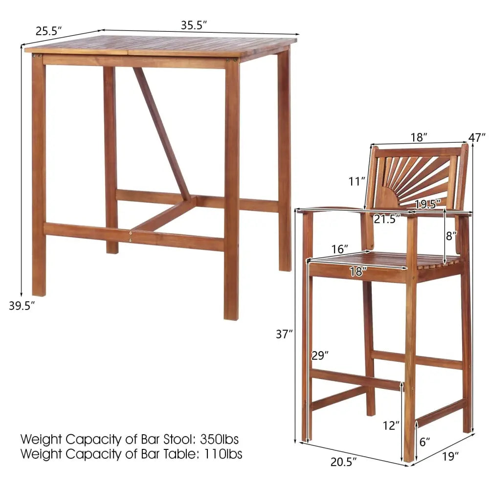3 Pieces Acacia Wood Patio Bar Set with Sunflower Patterned Backrest - Natural - Patio Bar Furniture