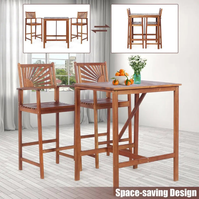 3 Pieces Acacia Wood Patio Bar Set with Sunflower Patterned Backrest - Natural - Patio Bar Furniture