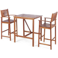 3 Pieces Acacia Wood Patio Bar Set with Sunflower Patterned Backrest - Oasis Home Essentials