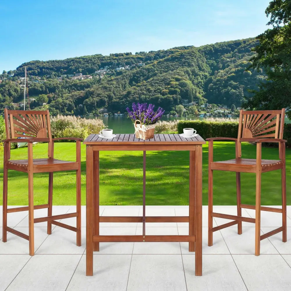 3 Pieces Acacia Wood Patio Bar Set with Sunflower Patterned Backrest - Natural - Patio Bar Furniture