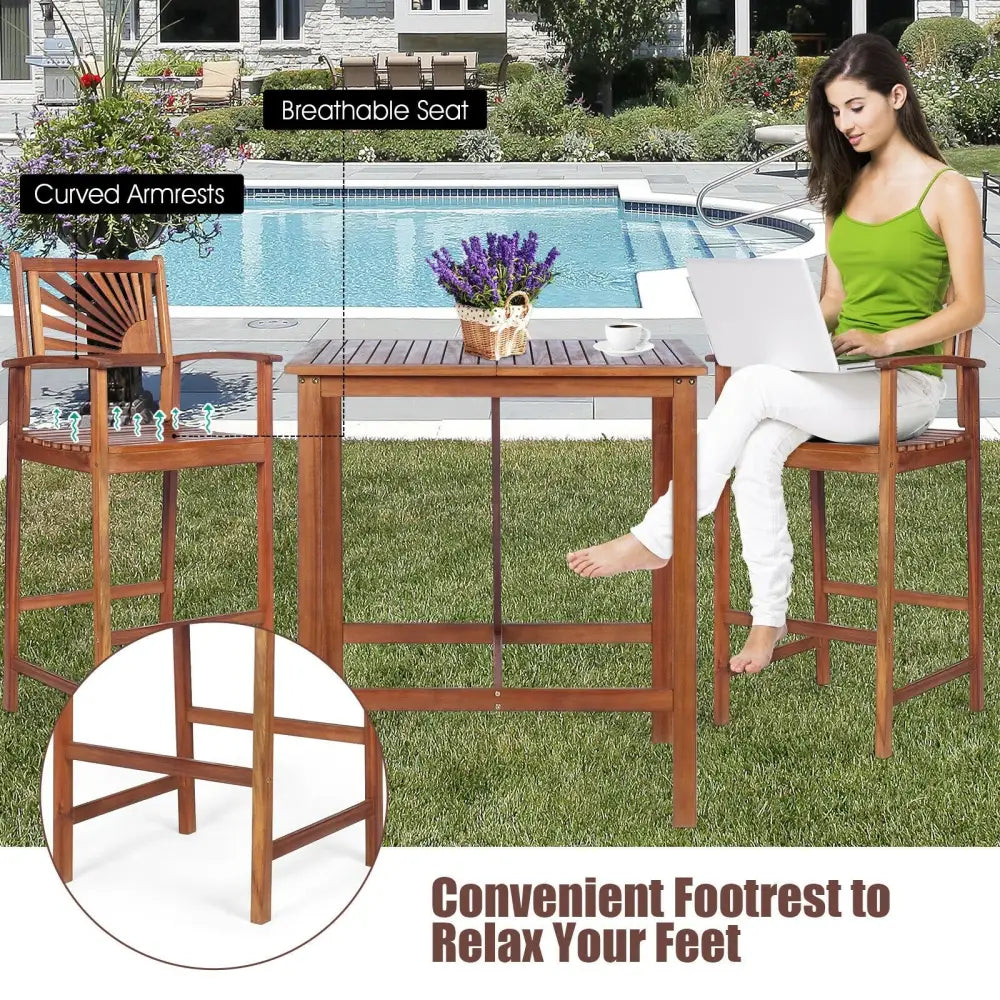 3 Pieces Acacia Wood Patio Bar Set with Sunflower Patterned Backrest - Natural - Patio Bar Furniture