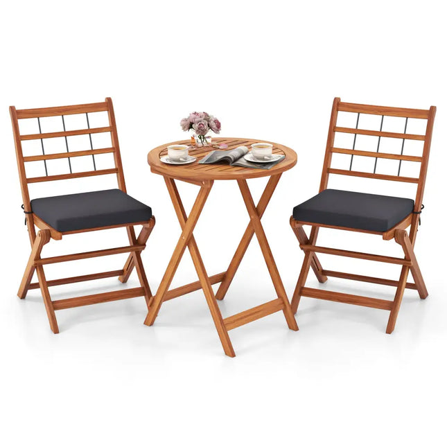 3 Pieces Acacia Wood Patio Bistro Set with Cushions-Gray - Gray - Patio Conversation Sets
