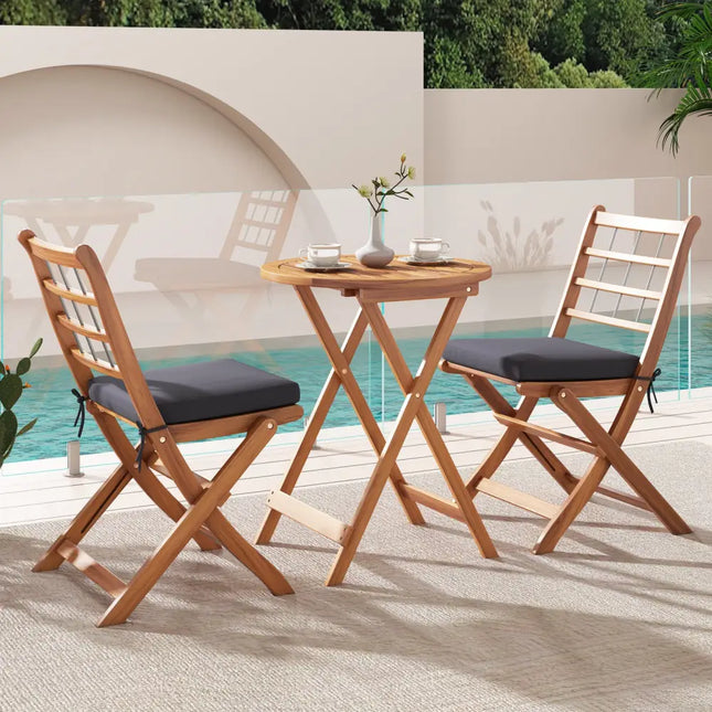 3 Pieces Acacia Wood Patio Bistro Set with Cushions-Gray - Gray - Patio Conversation Sets