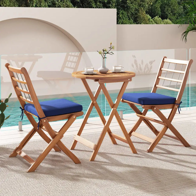 3 Pieces Acacia Wood Patio Bistro Set with Cushions-Navy - Navy - Patio Conversation Sets