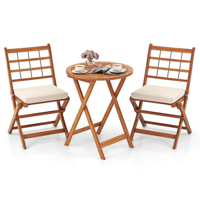 3 Pieces Acacia Wood Patio Bistro Set with Cushions-White - White - Patio Conversation Sets