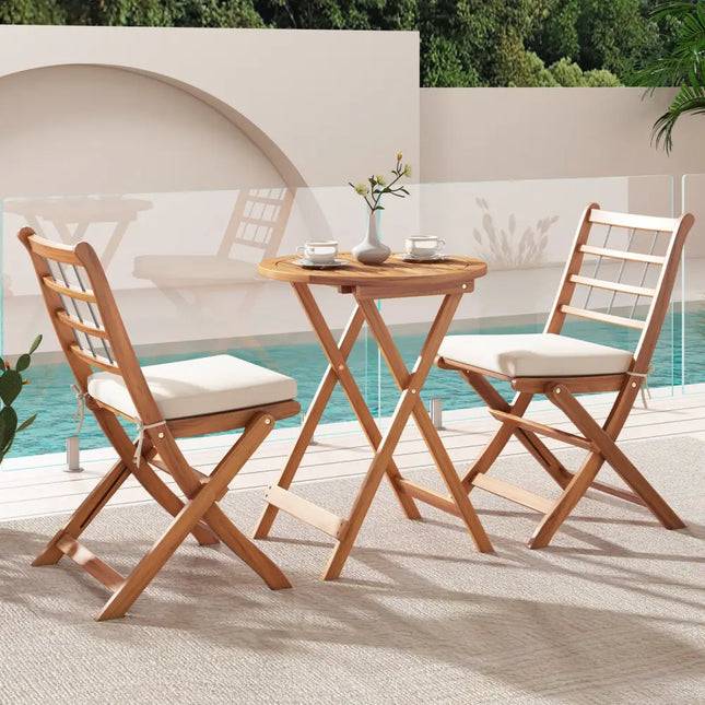 3 Pieces Acacia Wood Patio Bistro Set with Cushions-White - White - Patio Conversation Sets