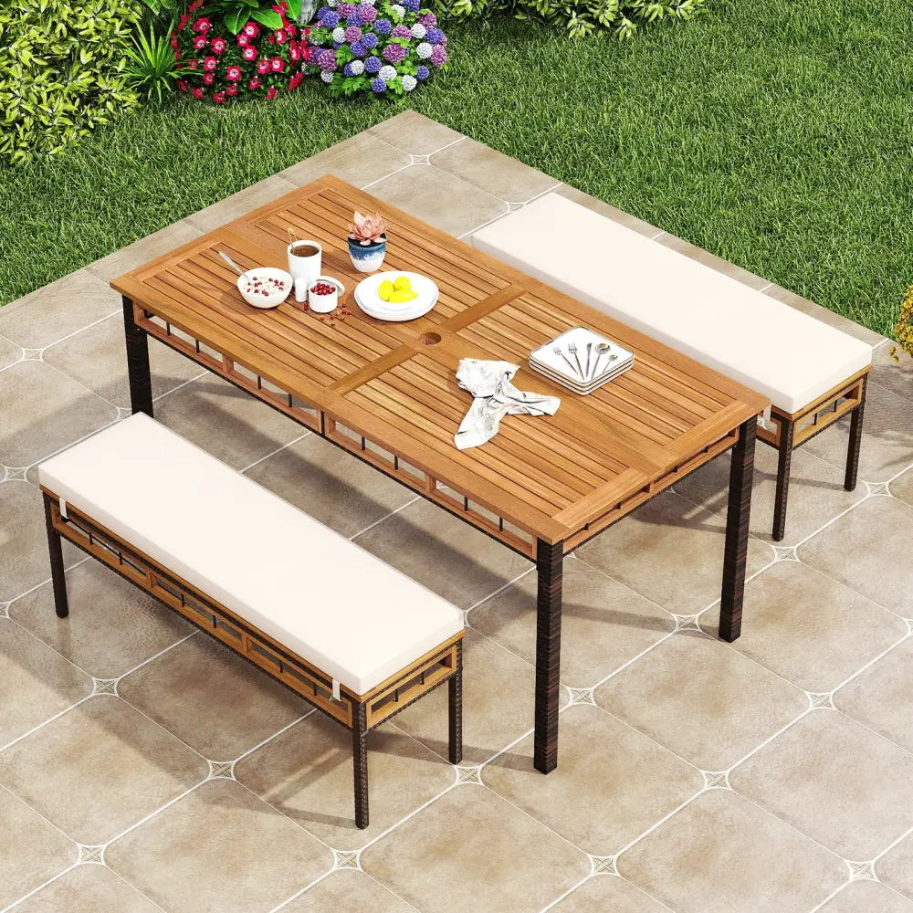 3 Pieces Acacia Wood Patio Dining Set for Deck and Backyard - Patio Dining Sets