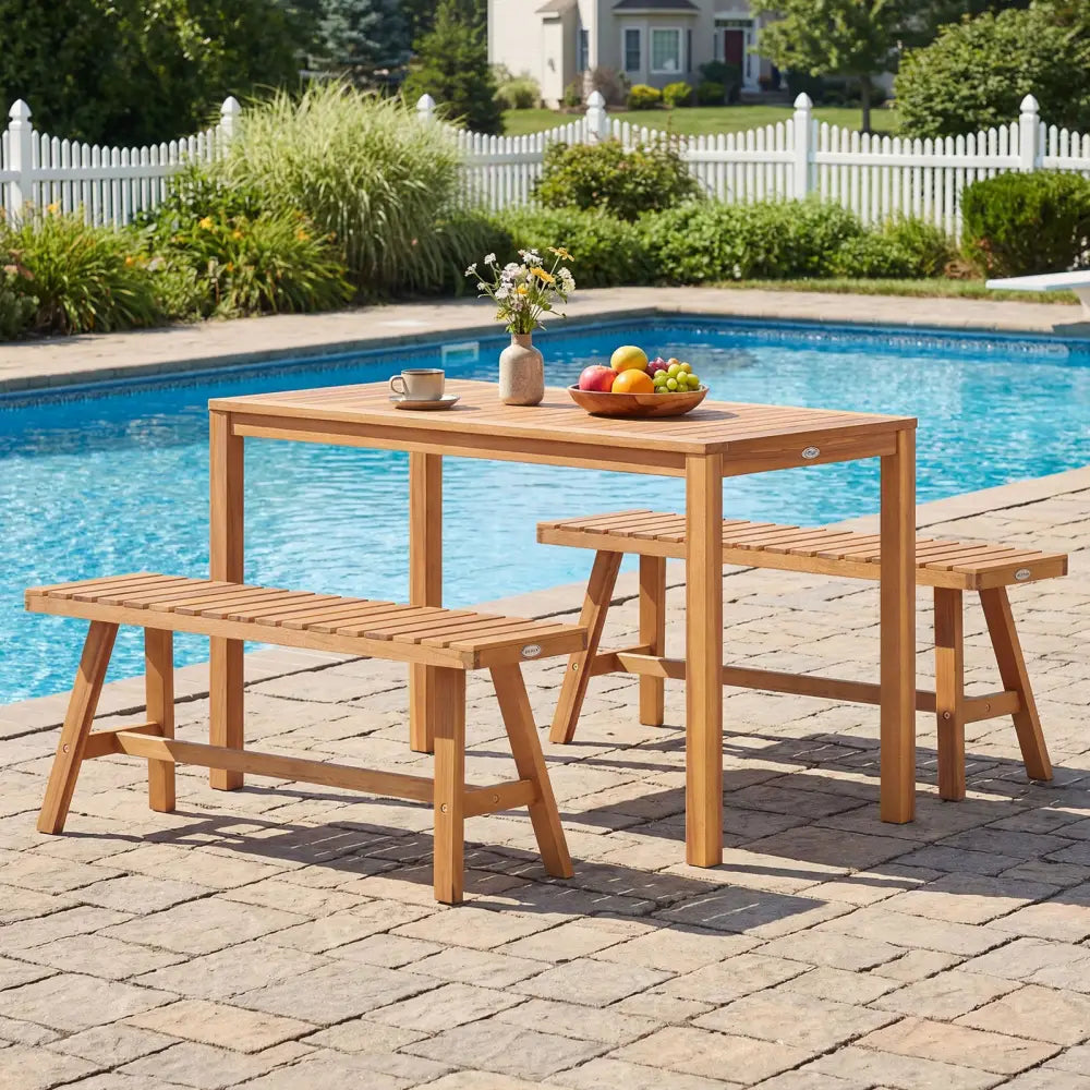 3 Pieces Acacia Wood Patio Dining Set Outdoor Rectangular Table and Benches with Slatted Seats - Patio Dining Sets