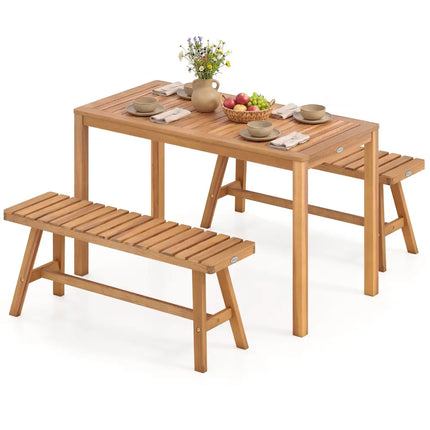 3 Pieces Acacia Wood Patio Dining Set Outdoor Rectangular Table and Benches with Slatted Seats - Patio Dining Sets