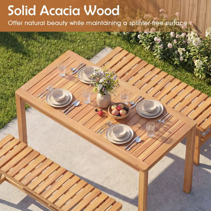 3 Pieces Acacia Wood Patio Dining Set Outdoor Rectangular Table and Benches with Slatted Seats - Patio Dining Sets