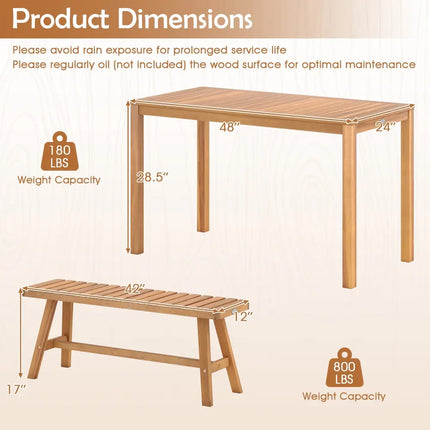 3 Pieces Acacia Wood Patio Dining Set Outdoor Rectangular Table and Benches with Slatted Seats - Patio Dining Sets