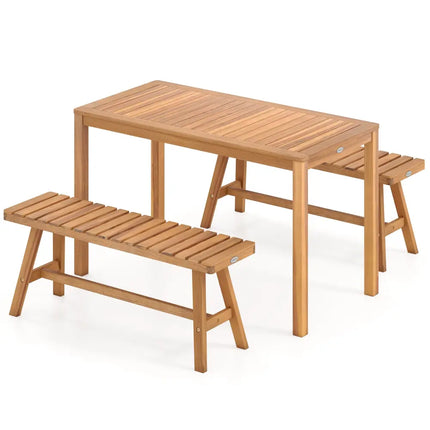3 Pieces Acacia Wood Patio Dining Set Outdoor Rectangular Table and Benches with Slatted Seats - Patio Dining Sets