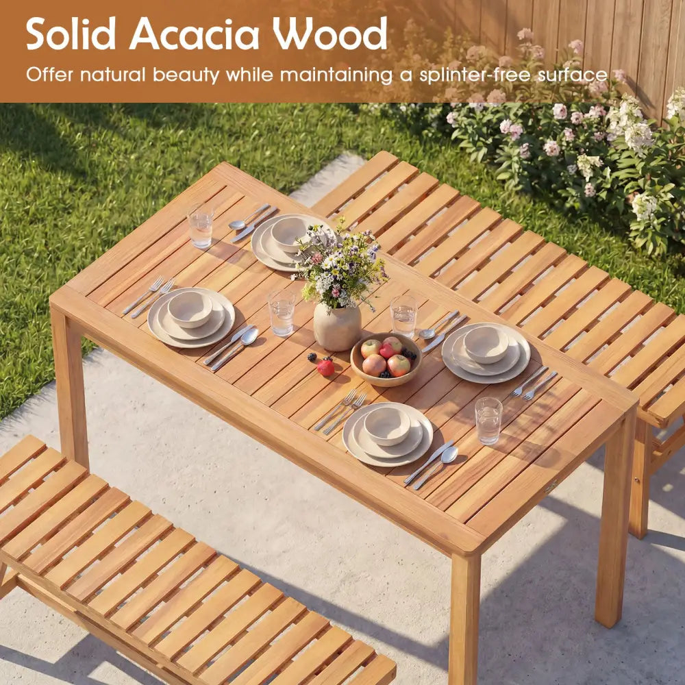 3 Pieces Acacia Wood Patio Dining Set Outdoor Rectangular Table and Benches with Slatted Seats - Patio Dining Sets