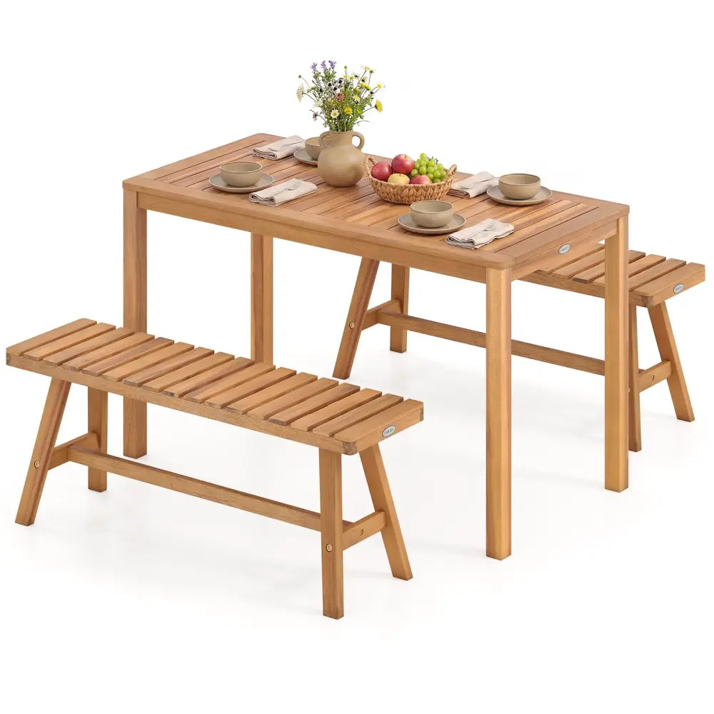 3 Pieces Acacia Wood Patio Dining Set Outdoor Rectangular Table and Benches with Slatted Seats - Patio Dining Sets