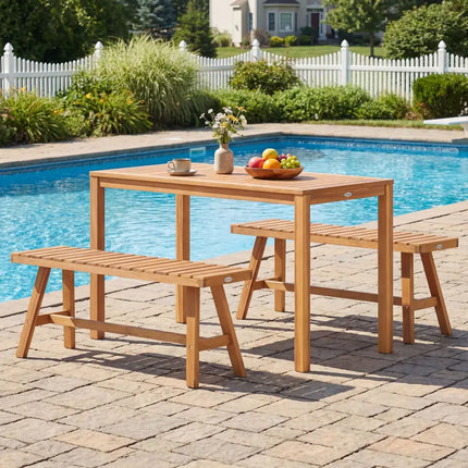 3 Pieces Acacia Wood Patio Dining Set Outdoor Rectangular Table and Benches with Slatted Seats - Patio Dining Sets