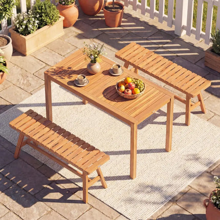 3 Pieces Acacia Wood Patio Dining Set Outdoor Rectangular Table and Benches with Slatted Seats - Patio Dining Sets