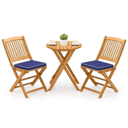 3 Pieces Acacia Wood Patio Folding Bistro Set with Soft CushionsNavy - Oasis Home Essentials