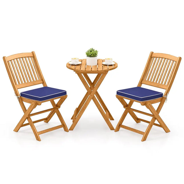 3 Pieces Acacia Wood Patio Folding Bistro Set with Soft CushionsNavy - Oasis Home Essentials