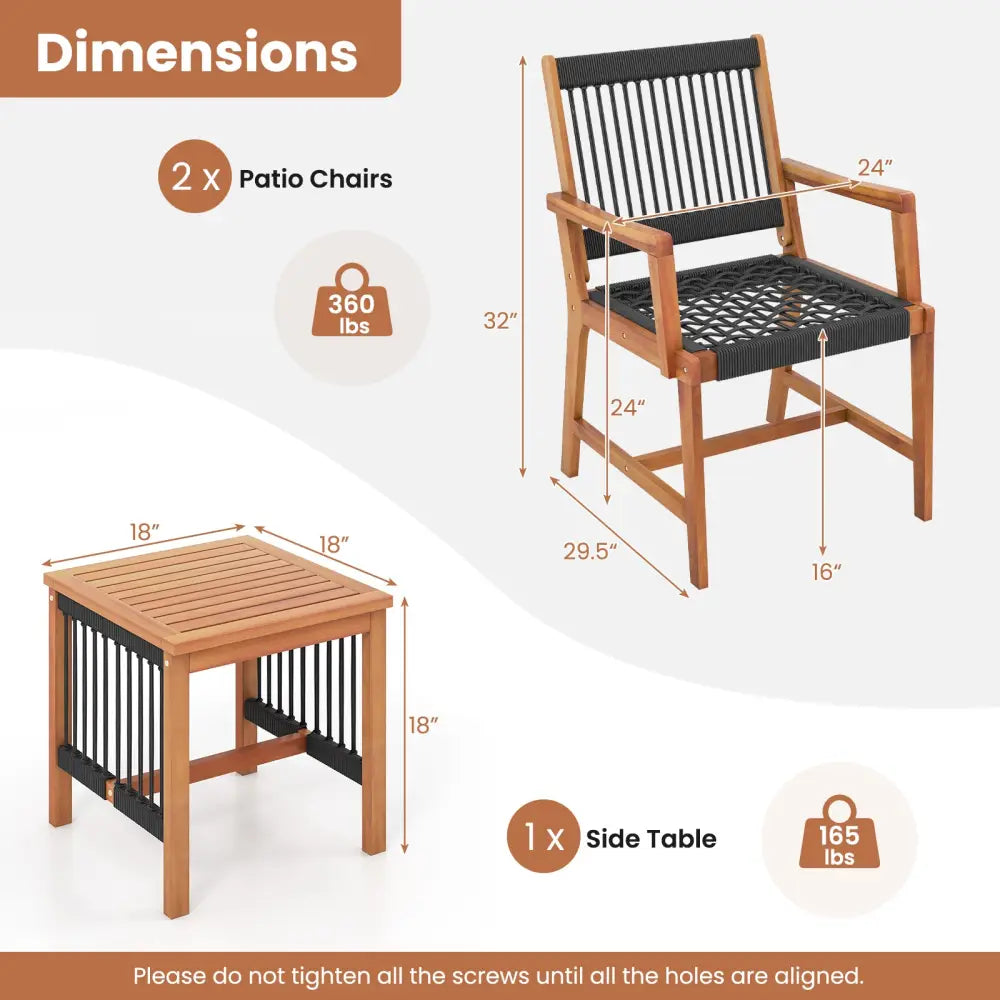 3 Pieces Acacia Wood Patio Furniture Set with Armchairs Coffee Table - Multicolor - Patio Conversation Sets