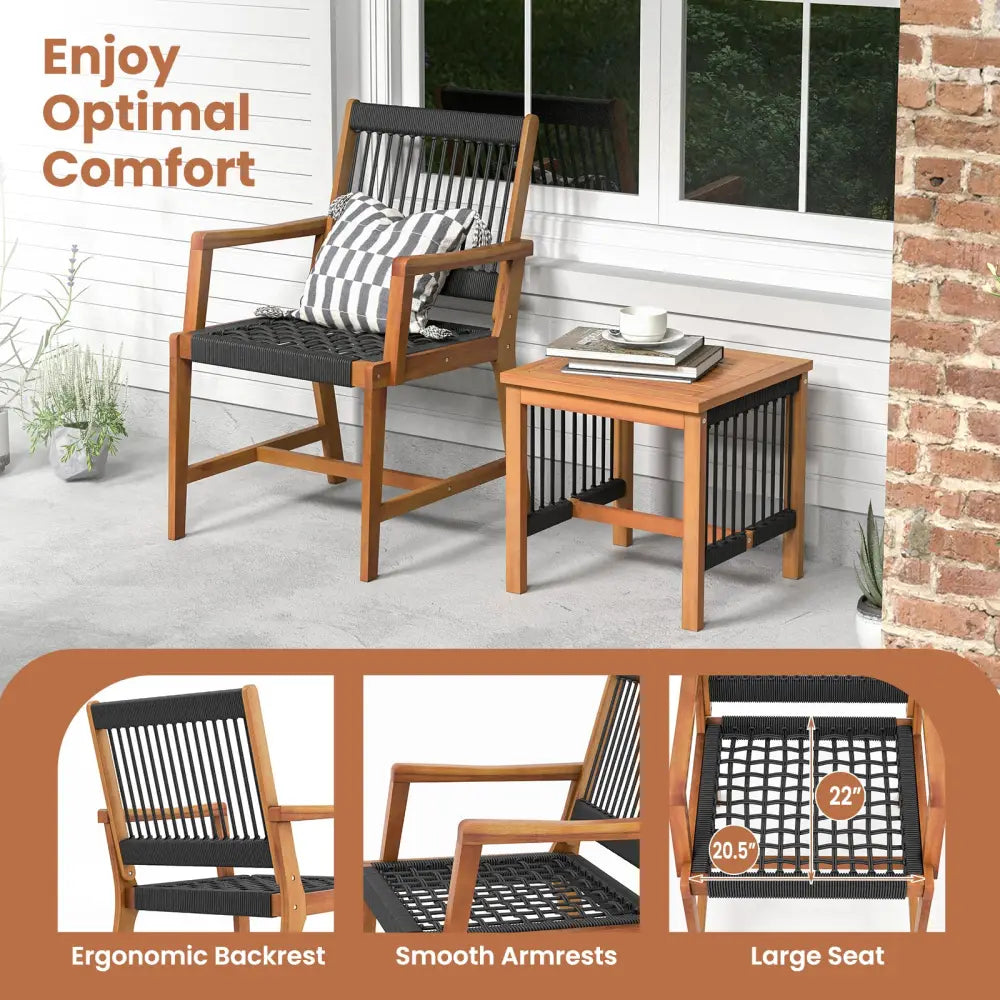 3 Pieces Acacia Wood Patio Furniture Set with Armchairs Coffee Table - Multicolor - Patio Conversation Sets