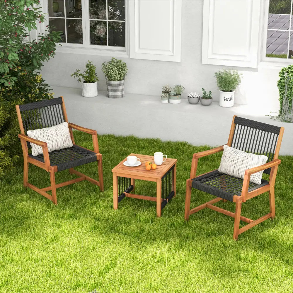 3 Pieces Acacia Wood Patio Furniture Set with Armchairs Coffee Table - Multicolor - Patio Conversation Sets