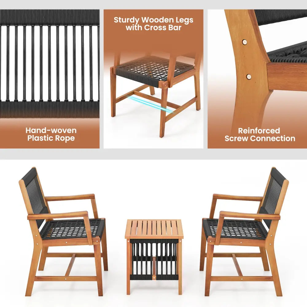 3 Pieces Acacia Wood Patio Furniture Set with Armchairs Coffee Table - Multicolor - Patio Conversation Sets