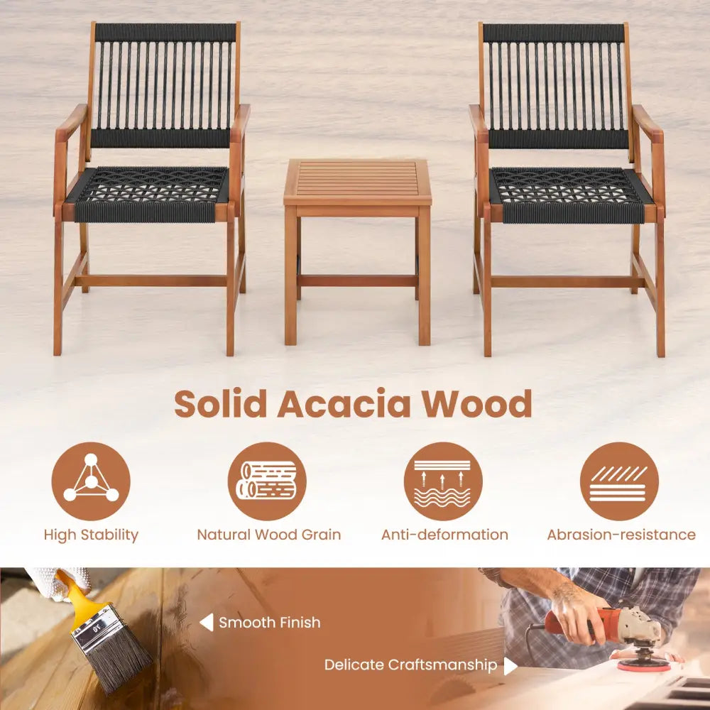 3 Pieces Acacia Wood Patio Furniture Set with Armchairs Coffee Table - Multicolor - Patio Conversation Sets