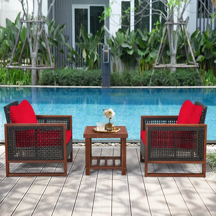 3 Pieces Acacia Wood Patio Furniture Set with Coffee Table-Red - Red - Patio Conversation Sets