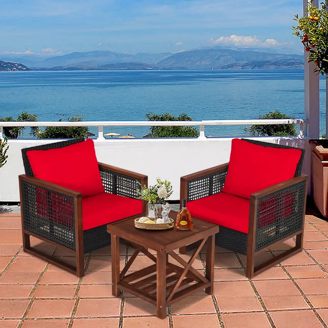 3 Pieces Acacia Wood Patio Furniture Set with Coffee Table-Red - Red - Patio Conversation Sets