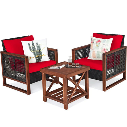 3 Pieces Acacia Wood Patio Furniture Set with Coffee Table-Red - Red - Patio Conversation Sets