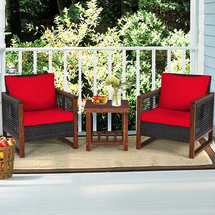 3 Pieces Acacia Wood Patio Furniture Set with Coffee Table-Red - Red - Patio Conversation Sets