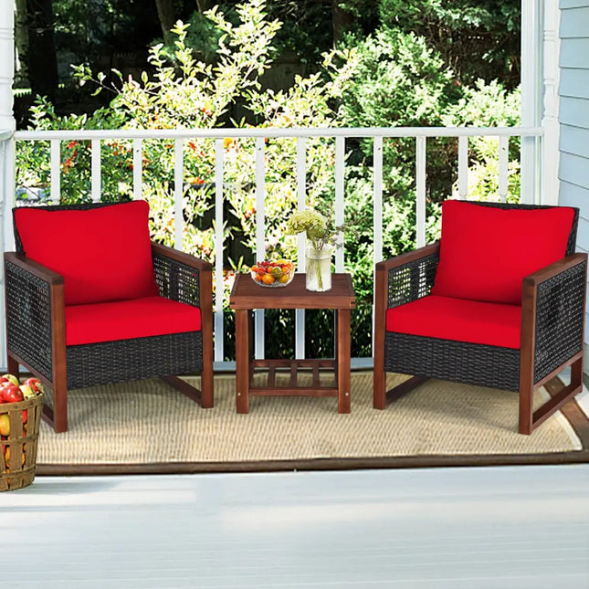 3 Pieces Acacia Wood Patio Furniture Set with Coffee Table-Red - Red - Patio Conversation Sets