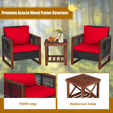 3 Pieces Acacia Wood Patio Furniture Set with Coffee Table-Red - Red - Patio Conversation Sets