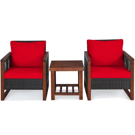 3 Pieces Acacia Wood Patio Furniture Set with Coffee Table-Red - Red - Patio Conversation Sets