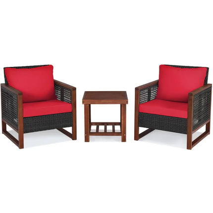 3 Pieces Acacia Wood Patio Furniture Set with Coffee Table-Red - Red - Patio Conversation Sets