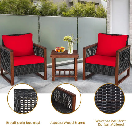 3 Pieces Acacia Wood Patio Furniture Set with Coffee Table-Red - Red - Patio Conversation Sets