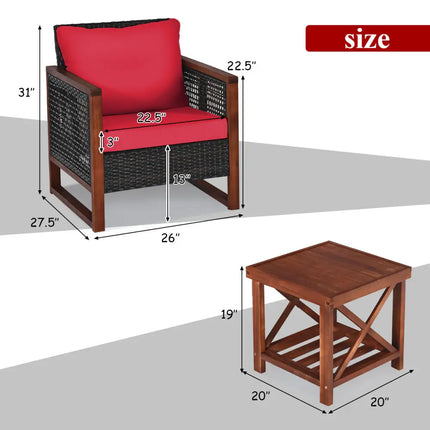 3 Pieces Acacia Wood Patio Furniture Set with Coffee Table-Red - Red - Patio Conversation Sets