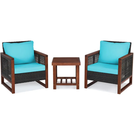 3 Pieces Acacia Wood Patio Furniture Set with Coffee Table-Turquoise - Turquoise - Patio Conversation Sets