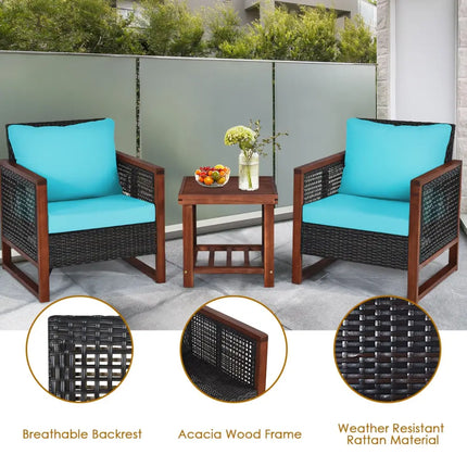 3 Pieces Acacia Wood Patio Furniture Set with Coffee Table-Turquoise - Turquoise - Patio Conversation Sets
